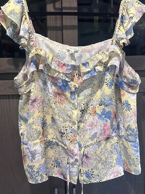 Tribal Jeans Floral Ruffle Cold-Shoulder Top in Yellow S XL